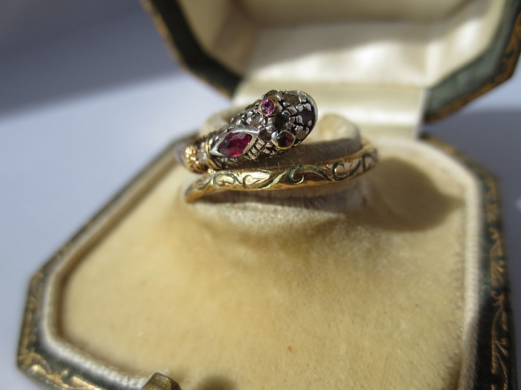 For Julie! Ultra Rare Gold Diamond Ruby and Sapphire and Enamel Serpent or Snake Ring ~ Antique Georgian Period For Julie! Ultra Rare Gold Diamond Ruby and Sapphire and Enamel Serpent or Snake Ring ~ Antique Georgian Period