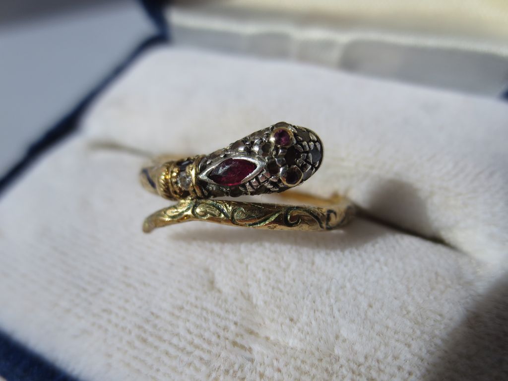 For Julie! Ultra Rare Gold Diamond Ruby and Sapphire and Enamel Serpent or Snake Ring ~ Antique Georgian Period For Julie! Ultra Rare Gold Diamond Ruby and Sapphire and Enamel Serpent or Snake Ring ~ Antique Georgian Period