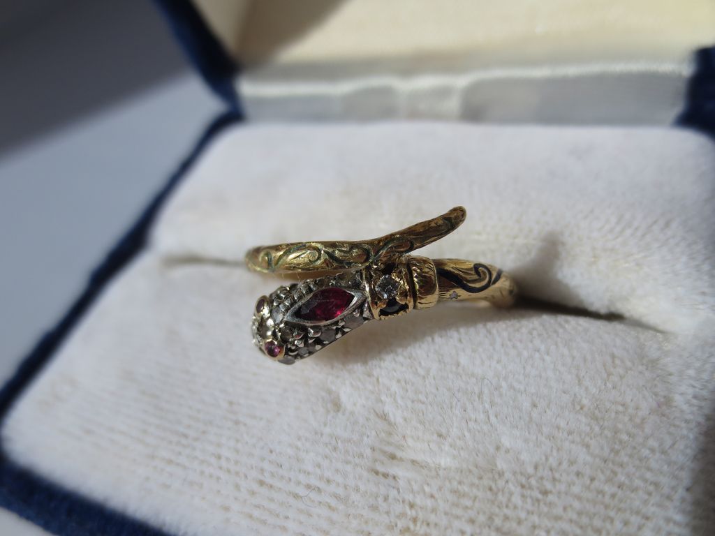 For Julie! Ultra Rare Gold Diamond Ruby and Sapphire and Enamel Serpent or Snake Ring ~ Antique Georgian Period For Julie! Ultra Rare Gold Diamond Ruby and Sapphire and Enamel Serpent or Snake Ring ~ Antique Georgian Period