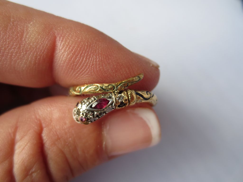 For Julie! Ultra Rare Gold Diamond Ruby and Sapphire and Enamel Serpent or Snake Ring ~ Antique Georgian Period For Julie! Ultra Rare Gold Diamond Ruby and Sapphire and Enamel Serpent or Snake Ring ~ Antique Georgian Period