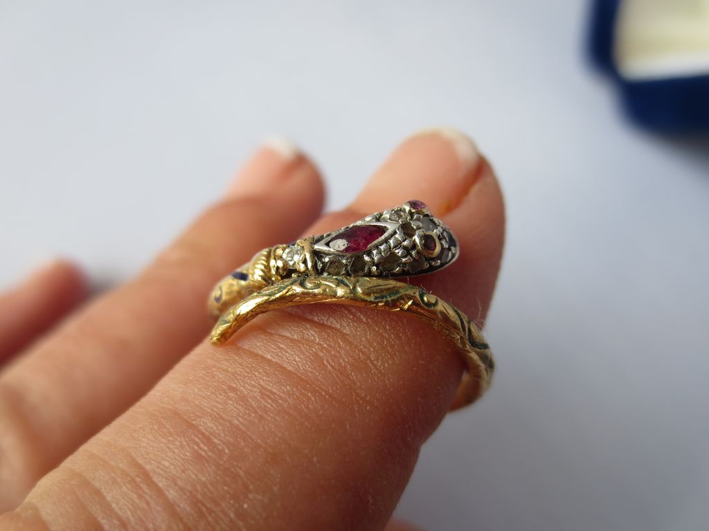 For Julie! Ultra Rare Gold Diamond Ruby and Sapphire and Enamel Serpent or Snake Ring ~ Antique Georgian Period For Julie! Ultra Rare Gold Diamond Ruby and Sapphire and Enamel Serpent or Snake Ring ~ Antique Georgian Period