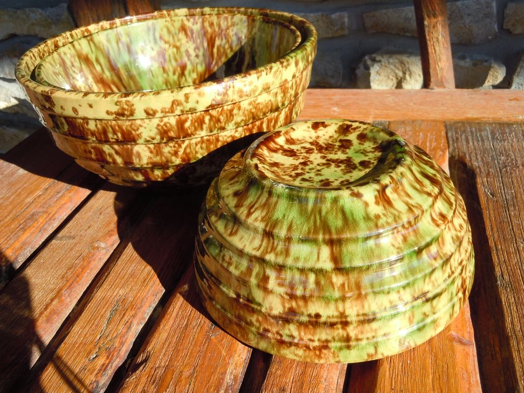 Morton Pottery Spongeware Bowl Set Woodland Rockingham Glaze Morton Pottery Spongeware Bowl Set Woodland Rockingham Glaze