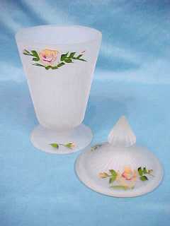 Depression Glass Satin Art Glass Covered Vase Jar Hand Painted Flowers Depression Glass Satin Art Glass Covered Vase Jar Hand Painted Flowers