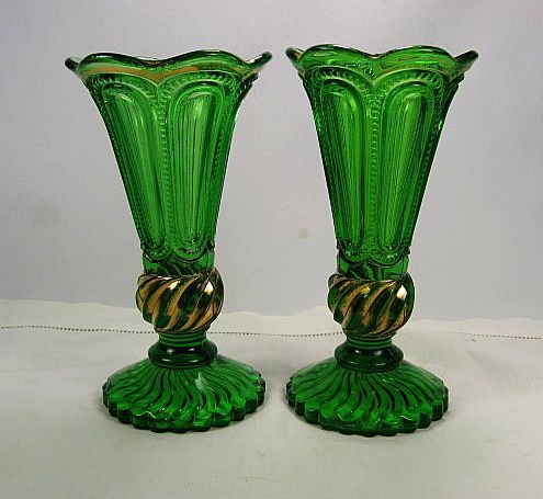 Pair 1890's Emerald Green & Gold Trim Pattern Glass Vases Pair 1890's Emerald Green & Gold Trim Pattern Glass Vases