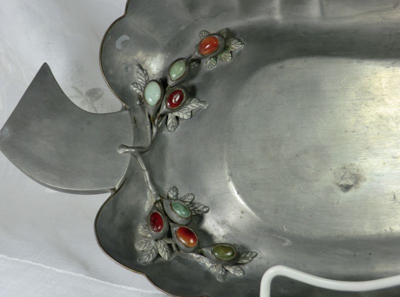 Chinese Swatow Pewter 3 Piece Serving Set Leaves with Jade Chinese Swatow Pewter 3 Piece Serving Set Leaves with Jade