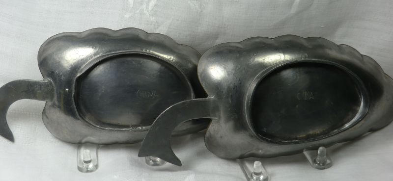 Chinese Swatow Pewter 3 Piece Serving Set Leaves with Jade Chinese Swatow Pewter 3 Piece Serving Set Leaves with Jade