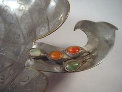 Chinese Swatow Pewter 3 Piece Serving Set Leaves with Jade Chinese Swatow Pewter 3 Piece Serving Set Leaves with Jade