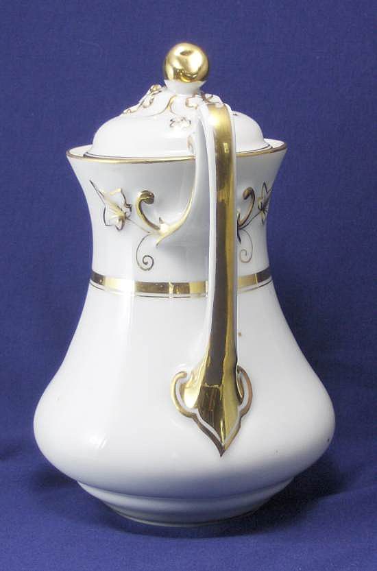 Porcelain White and Gold Band Tea Pot Wedding Band with Fruit Finial Porcelain White and Gold Band Tea Pot Wedding Band with Fruit Finial