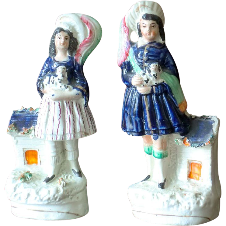 Pair Staffordshire Figurines Prince & Princess Royal with King Charles Spaniel Dogs ca. 1850 Pair Staffordshire Figurines Prince & Princess Royal with King Charles Spaniel Dogs ca. 1850