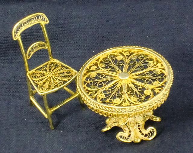 Sterling Silver Filigree Miniature Table and Chair with Gold Wash Sterling Silver Filigree Miniature Table and Chair with Gold Wash