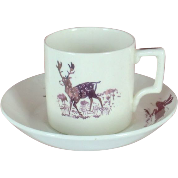 Wedgwood Alfred Powell Arts & Crafts Leaping Stag Demitasse Cup & Saucer Pink Lustre Luster c. 1920s-30s Wedgwood Alfred Powell Arts & Crafts Leaping Stag Demitasse Cup & Saucer Pink Lustre Luster c. 1920s-30s