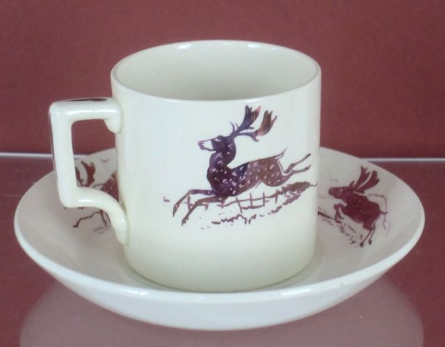 Wedgwood Alfred Powell Arts & Crafts Leaping Stag Demitasse Cup & Saucer Pink Lustre Luster c. 1920s-30s Wedgwood Alfred Powell Arts & Crafts Leaping Stag Demitasse Cup & Saucer Pink Lustre Luster c. 1920s-30s
