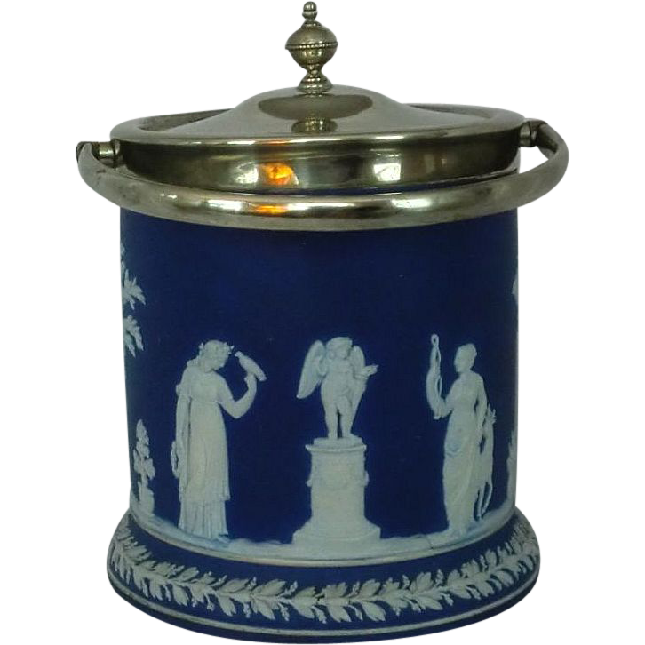 Wedgwood Blue Jasper Ware Biscuit Jar Cookie Jar Laurel Foot Silver Fittings ca. 19th c. Wedgwood Blue Jasper Ware Biscuit Jar Cookie Jar Laurel Foot Silver Fittings ca. 19th c.