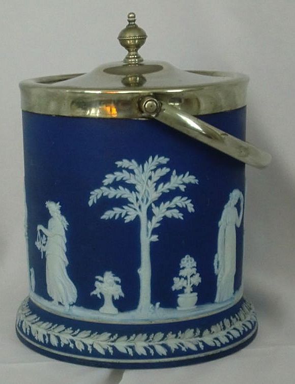 Wedgwood Blue Jasper Ware Biscuit Jar Cookie Jar Laurel Foot Silver Fittings ca. 19th c. Wedgwood Blue Jasper Ware Biscuit Jar Cookie Jar Laurel Foot Silver Fittings ca. 19th c.