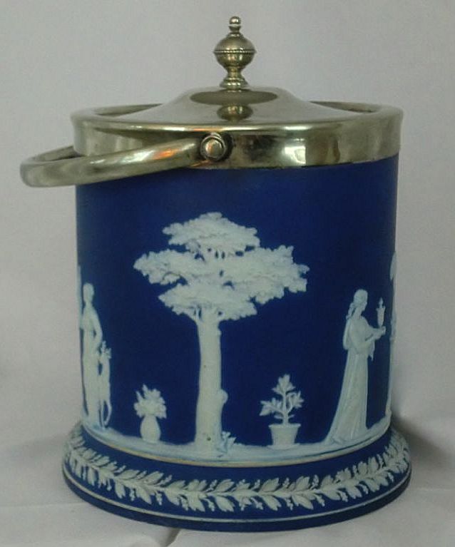 Wedgwood Blue Jasper Ware Biscuit Jar Cookie Jar Laurel Foot Silver Fittings ca. 19th c. Wedgwood Blue Jasper Ware Biscuit Jar Cookie Jar Laurel Foot Silver Fittings ca. 19th c.