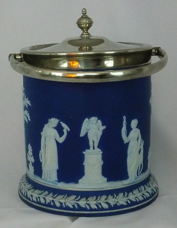 Wedgwood Blue Jasper Ware Biscuit Jar Cookie Jar Laurel Foot Silver Fittings ca. 19th c. Wedgwood Blue Jasper Ware Biscuit Jar Cookie Jar Laurel Foot Silver Fittings ca. 19th c.