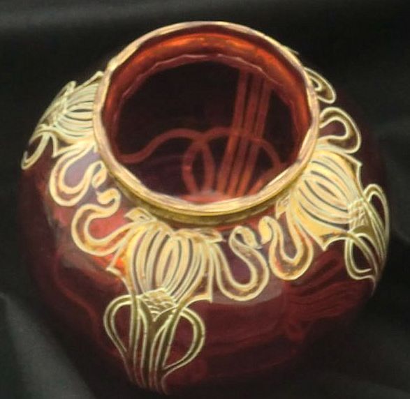 Bohemian Art Nouveau Gilt-Enamel Cranberry Ruby Art Glass Bowl ca 1900 Bohemian Art Nouveau Gilt-Enamel Cranberry Ruby Art Glass Bowl ca 1900