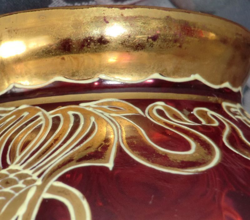 Bohemian Art Nouveau Gilt-Enamel Cranberry Ruby Art Glass Bowl ca 1900 Bohemian Art Nouveau Gilt-Enamel Cranberry Ruby Art Glass Bowl ca 1900