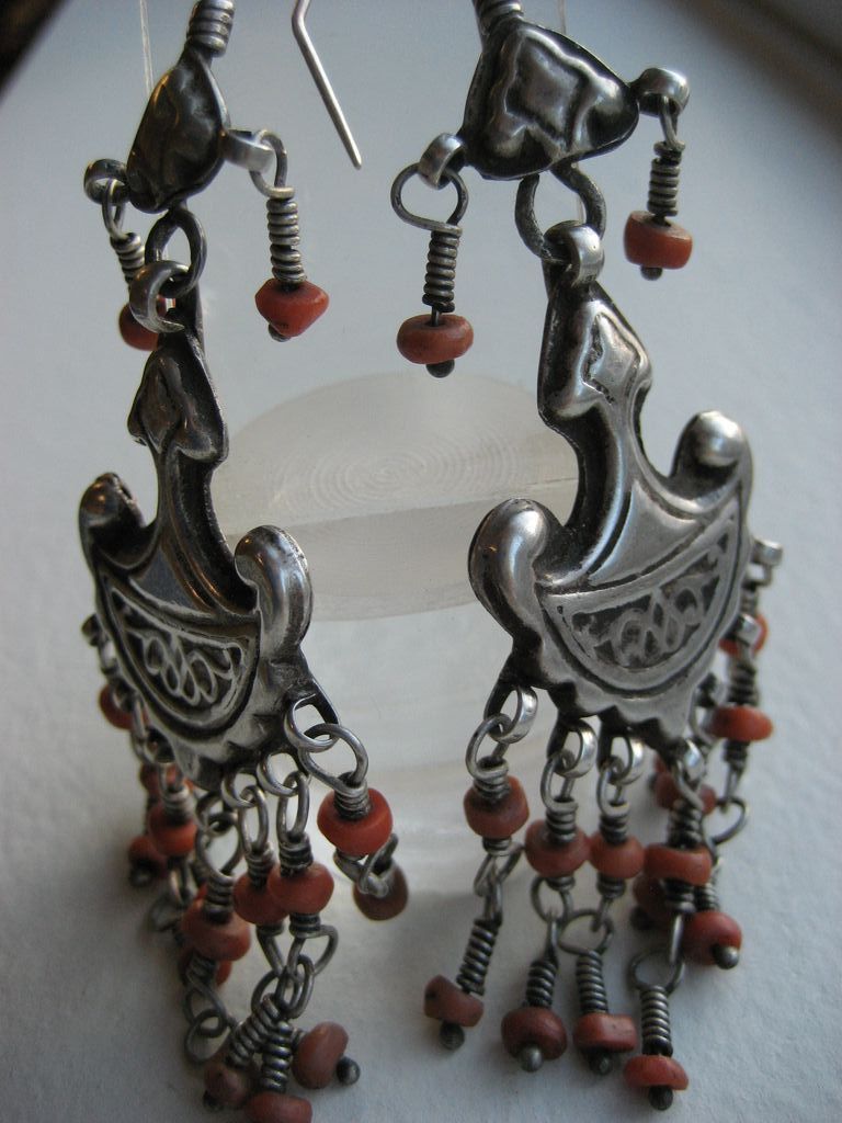 Vintage Afghan Tribal Silver And Coral Dangly Earrings Vintage Afghan Tribal Silver And Coral Dangly Earrings