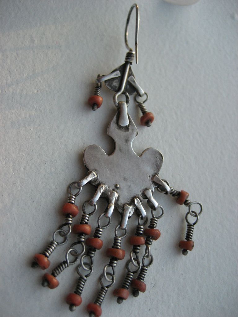 Vintage Afghan Tribal Silver And Coral Dangly Earrings Vintage Afghan Tribal Silver And Coral Dangly Earrings