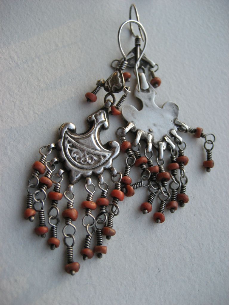 Vintage Afghan Tribal Silver And Coral Dangly Earrings Vintage Afghan Tribal Silver And Coral Dangly Earrings