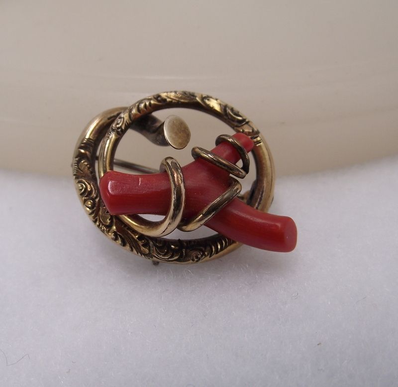 Gorgeous Antique Victorian Love Knot Brooch With Oxblood Coral Gorgeous Antique Victorian Love Knot Brooch With Oxblood Coral