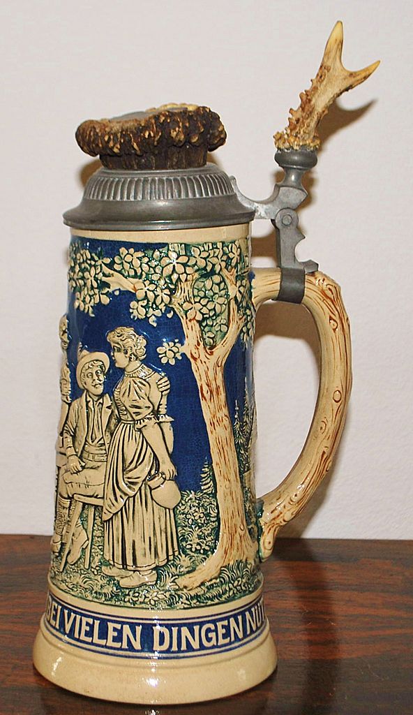 German 1L Hunting Stein with Horn, c. 1900 German 1L Hunting Stein with Horn, c. 1900