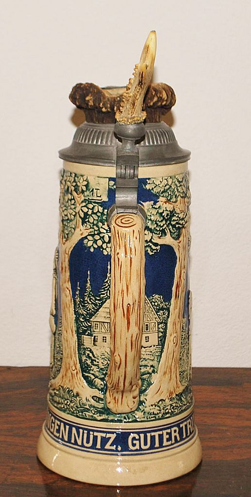 German 1L Hunting Stein with Horn, c. 1900 German 1L Hunting Stein with Horn, c. 1900