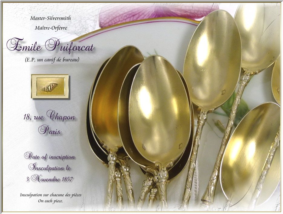 Emile PUIFORCAT Paris -Antique French Sterling & Vermeil Tea or Dessert Spoons 12 Pc. Emile PUIFORCAT Paris -Antique French Sterling & Vermeil Tea or Dessert Spoons 12 Pc.