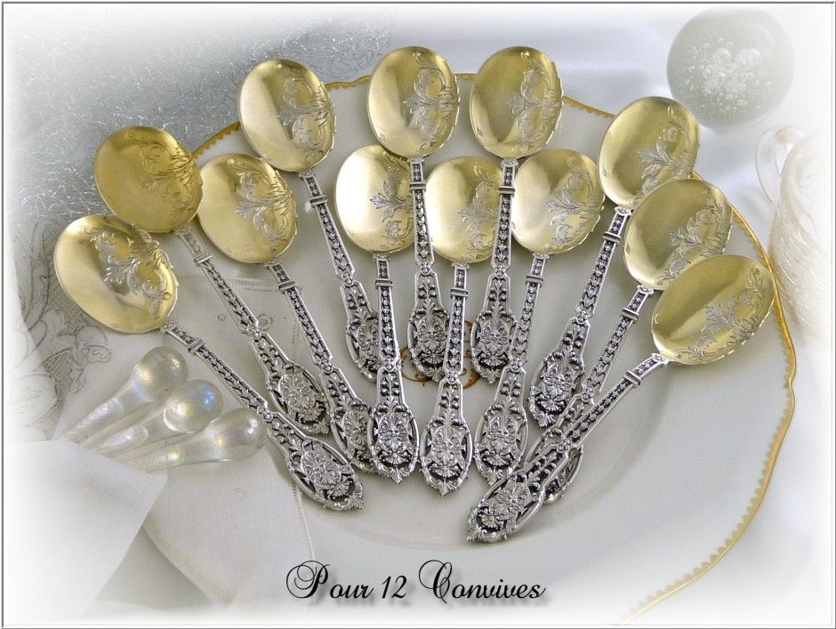Puiforcat -Renaissance, French Sterling Silver & Vermeil 12 Ice-Cream Spoons with Mascarons Puiforcat -Renaissance, French Sterling Silver & Vermeil 12 Ice-Cream Spoons with Mascarons