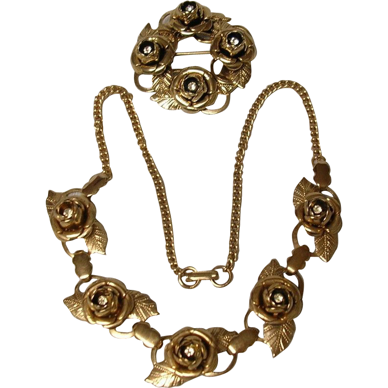 Rose and Rhinestone Necklace and Pin - 1940's Rose and Rhinestone Necklace and Pin - 1940's