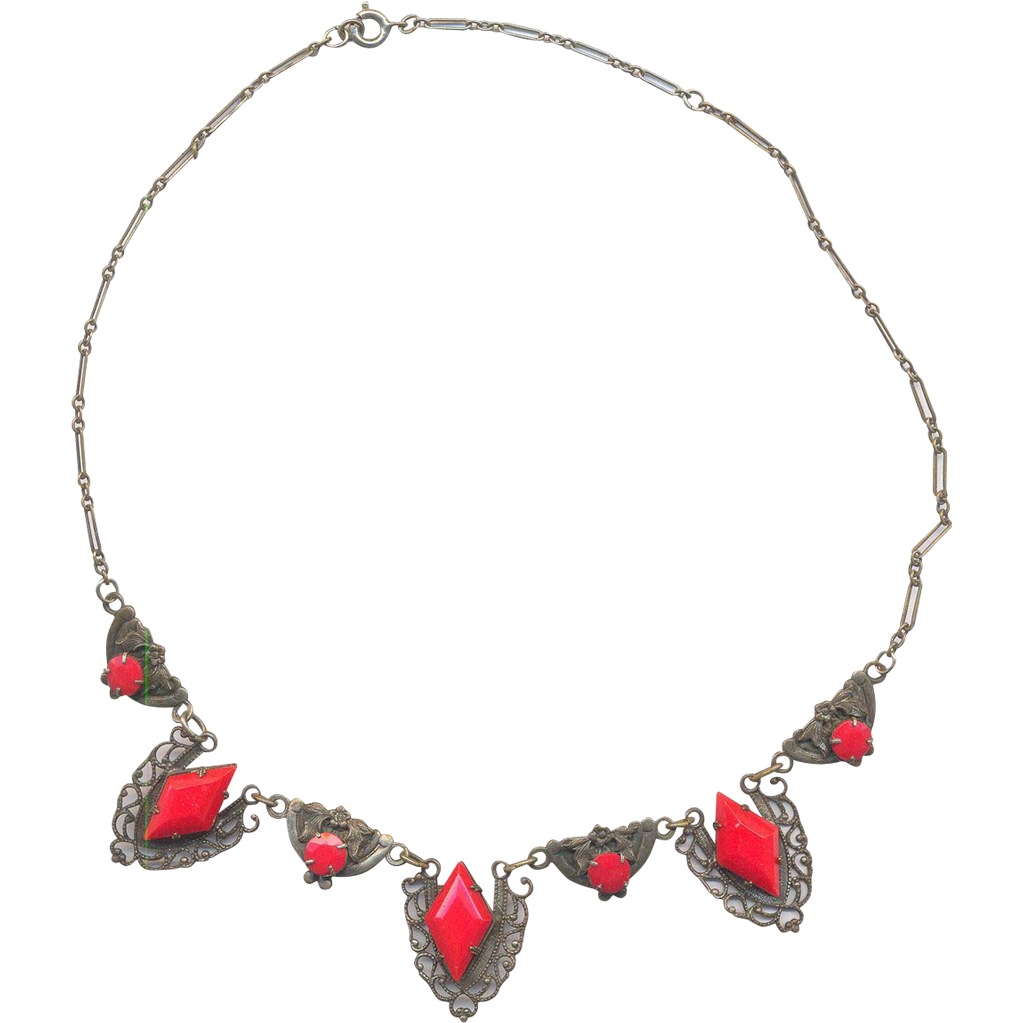30's Red Glass and Brass Necklace 30's Red Glass and Brass Necklace