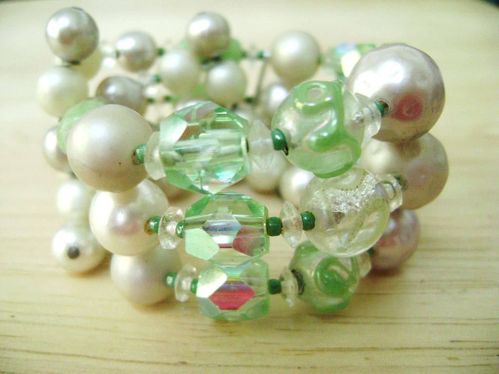 Vintage Multi-strand Wire Wrap Bracelet-Wedding, Glass & AB Beads Vintage Multi-strand Wire Wrap Bracelet-Wedding, Glass & AB Beads