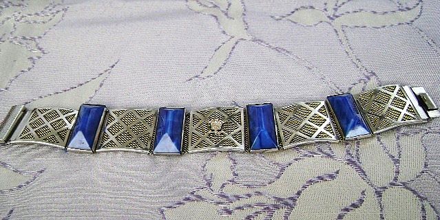 Wide Vintage Mesh & Blue Thermoset Bracelet w/Crest Wide Vintage Mesh & Blue Thermoset Bracelet w/Crest