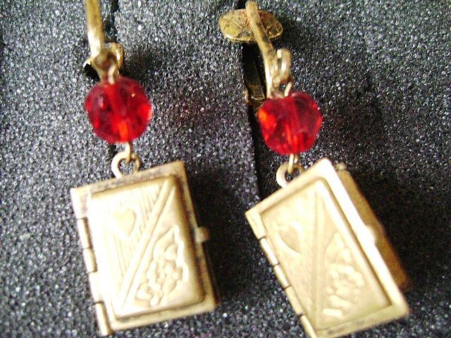 Vintage Brass LOCKET Book Clip Earrings w/Red Crystals Vintage Brass LOCKET Book Clip Earrings w/Red Crystals