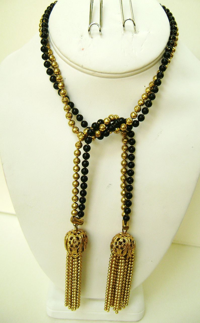 VINTAGE Black Enamel & Gold Tone Bead Lariat w/Tassels & Black Beaded Umbrella Clips VINTAGE Black Enamel & Gold Tone Bead Lariat w/Tassels & Black Beaded Umbrella Clips