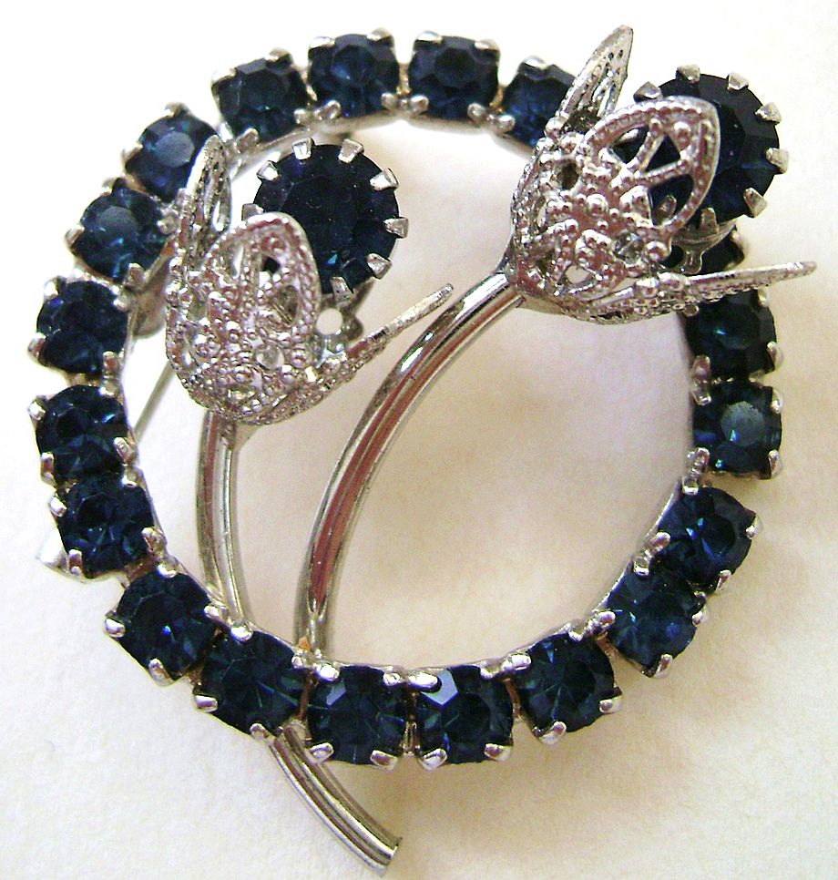 Sapphire Blue Rhinestone Vintage Circle pin w/Flowers Sapphire Blue Rhinestone Vintage Circle pin w/Flowers