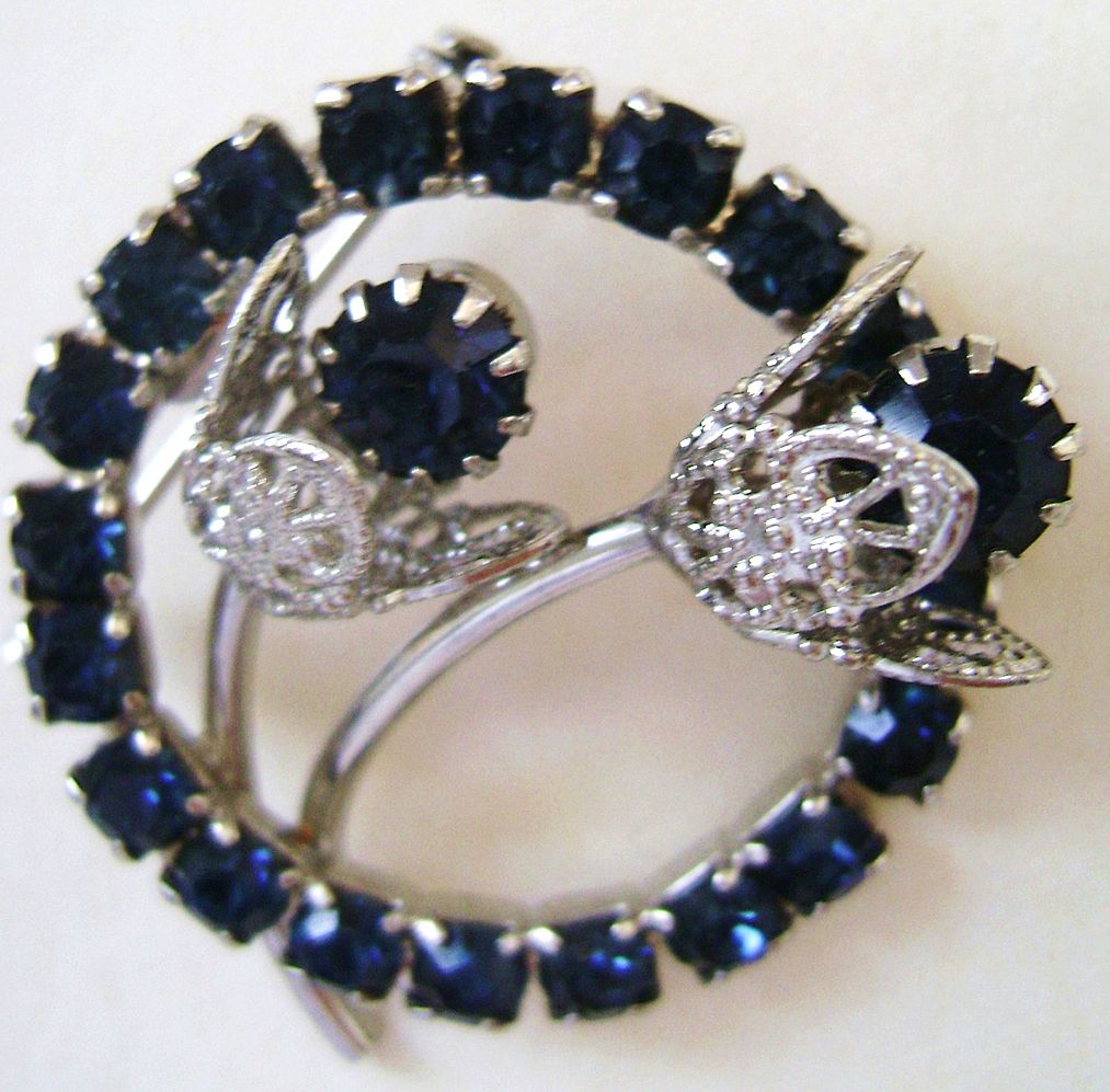 Sapphire Blue Rhinestone Vintage Circle pin w/Flowers Sapphire Blue Rhinestone Vintage Circle pin w/Flowers