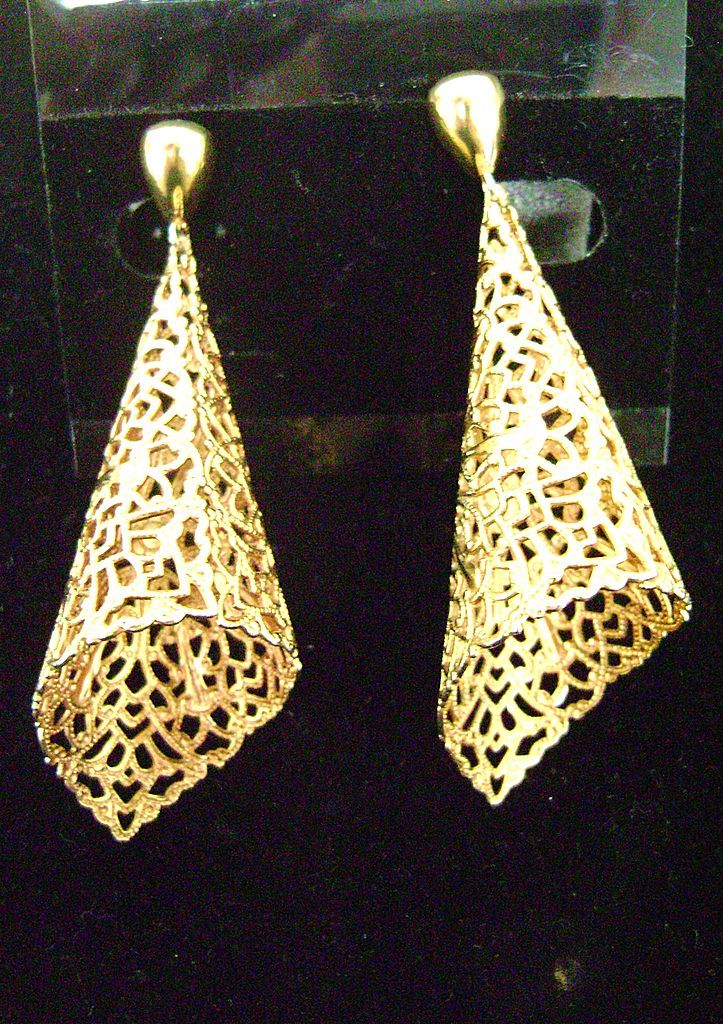 Huge Funky Modernist Dangle Filagree Cone Clip Earrings - NOS Huge Funky Modernist Dangle Filagree Cone Clip Earrings - NOS