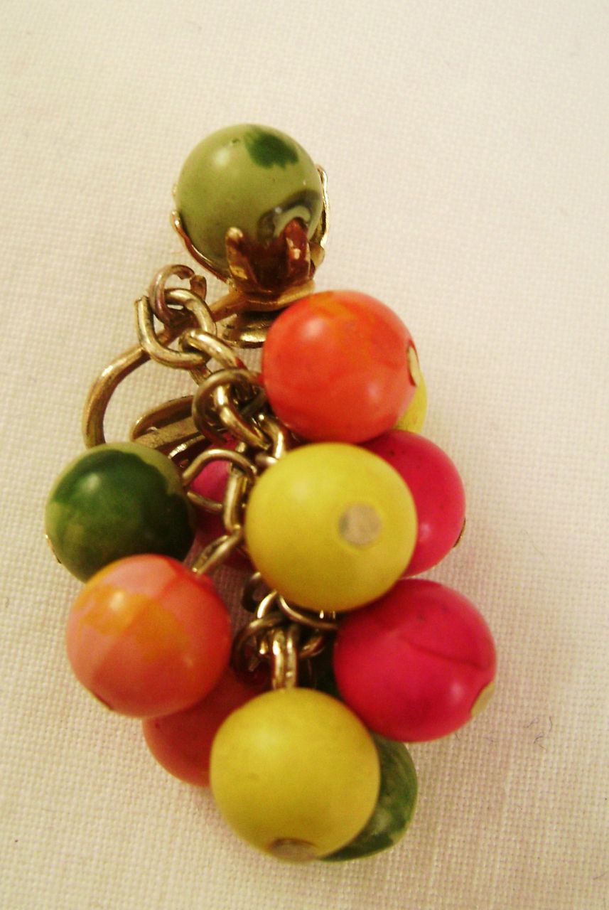 Wooden FRUIT SALAD Multi-Color Vintage Clip Earrings Wooden FRUIT SALAD Multi-Color Vintage Clip Earrings
