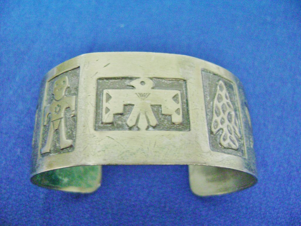 Wide Vintage Pewter Cuff with Indian Symbols Wide Vintage Pewter Cuff with Indian Symbols