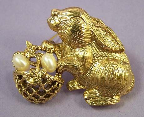 1928 Vintage Bunny Rabbit with Basket of Pearl Eggs Brooch 1928 Vintage Bunny Rabbit with Basket of Pearl Eggs Brooch