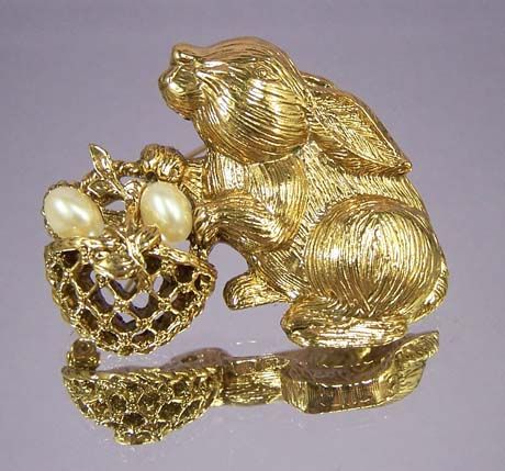 1928 Vintage Bunny Rabbit with Basket of Pearl Eggs Brooch 1928 Vintage Bunny Rabbit with Basket of Pearl Eggs Brooch
