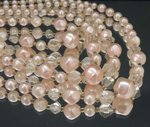 Exquisite Vintage 4 Strand Petal Pink PEARL Glass Bead NECKLACE Exquisite Vintage 4 Strand Petal Pink PEARL Glass Bead NECKLACE