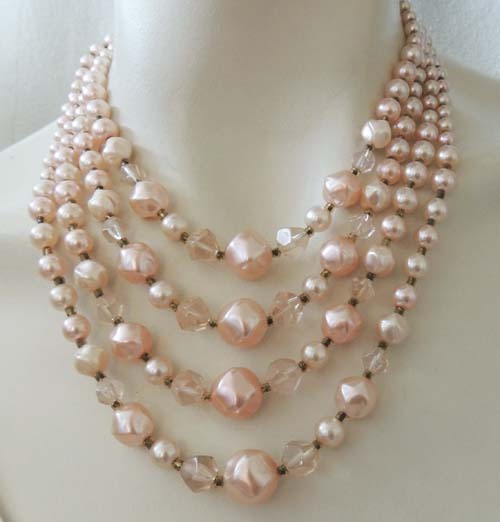 Exquisite Vintage 4 Strand Petal Pink PEARL Glass Bead NECKLACE Exquisite Vintage 4 Strand Petal Pink PEARL Glass Bead NECKLACE