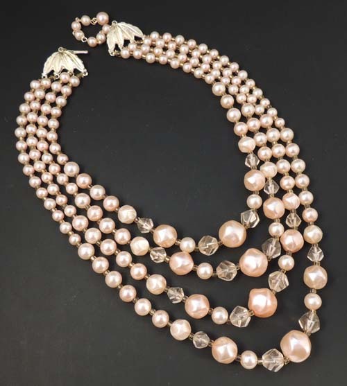 Exquisite Vintage 4 Strand Petal Pink PEARL Glass Bead NECKLACE Exquisite Vintage 4 Strand Petal Pink PEARL Glass Bead NECKLACE
