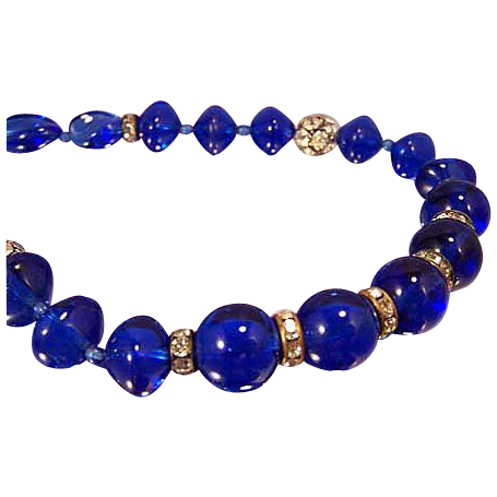 Vintage Blue Glass Bead & Rhinestone Necklace Vintage Blue Glass Bead & Rhinestone Necklace