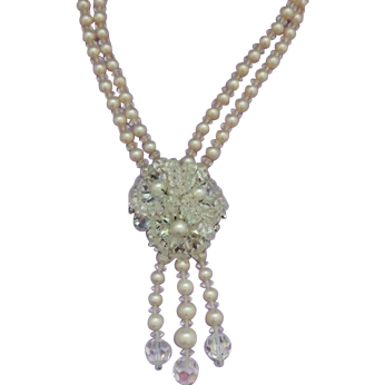 Two Strand Pearl Floral Crystal Vintage Necklace Two Strand Pearl Floral Crystal Vintage Necklace