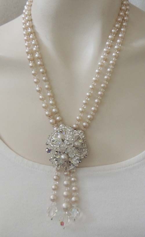 Two Strand Pearl Floral Crystal Vintage Necklace Two Strand Pearl Floral Crystal Vintage Necklace