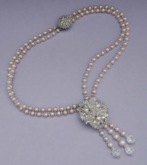 Two Strand Pearl Floral Crystal Vintage Necklace Two Strand Pearl Floral Crystal Vintage Necklace